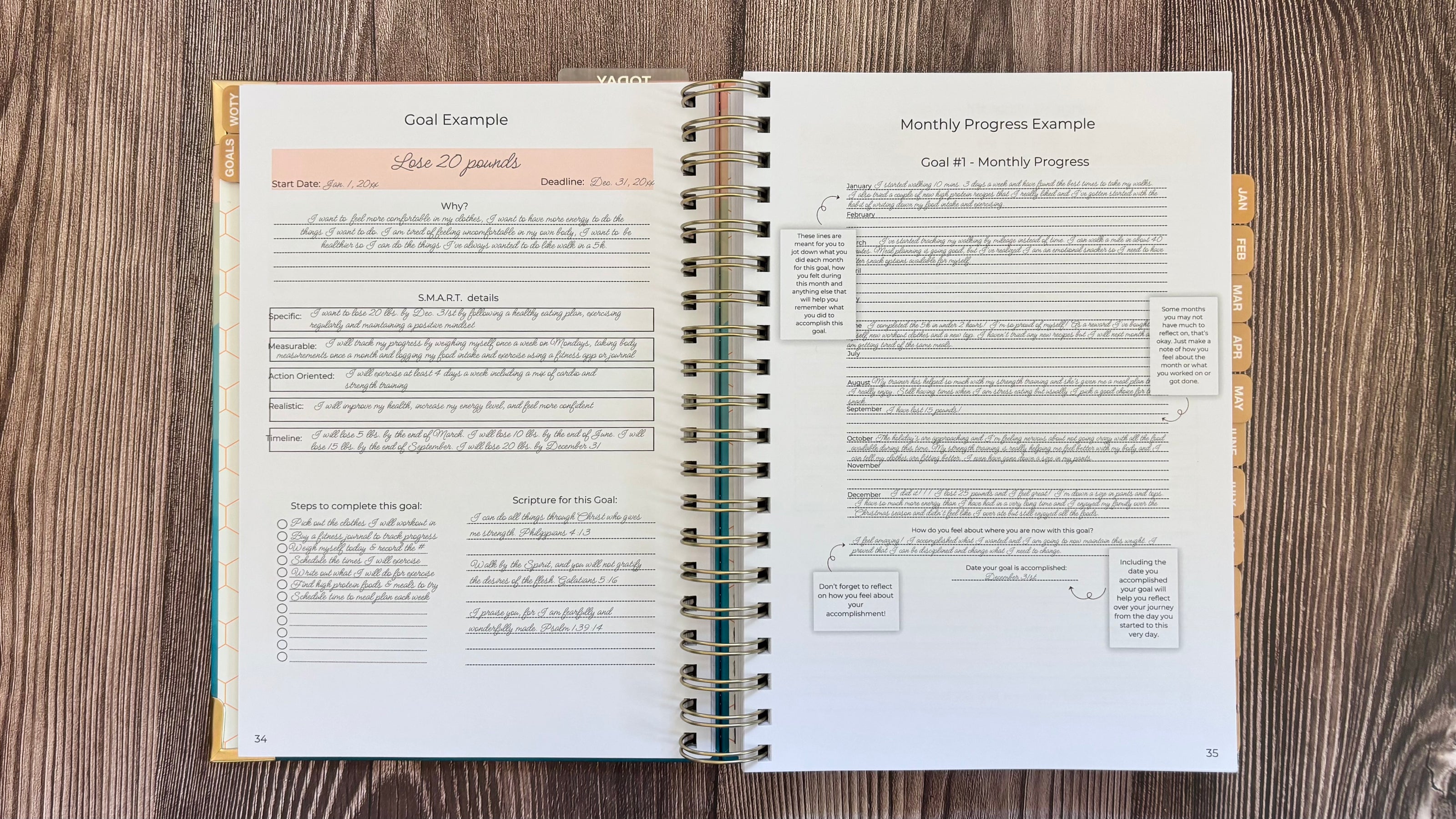 Goal tracking pages in Christian planner